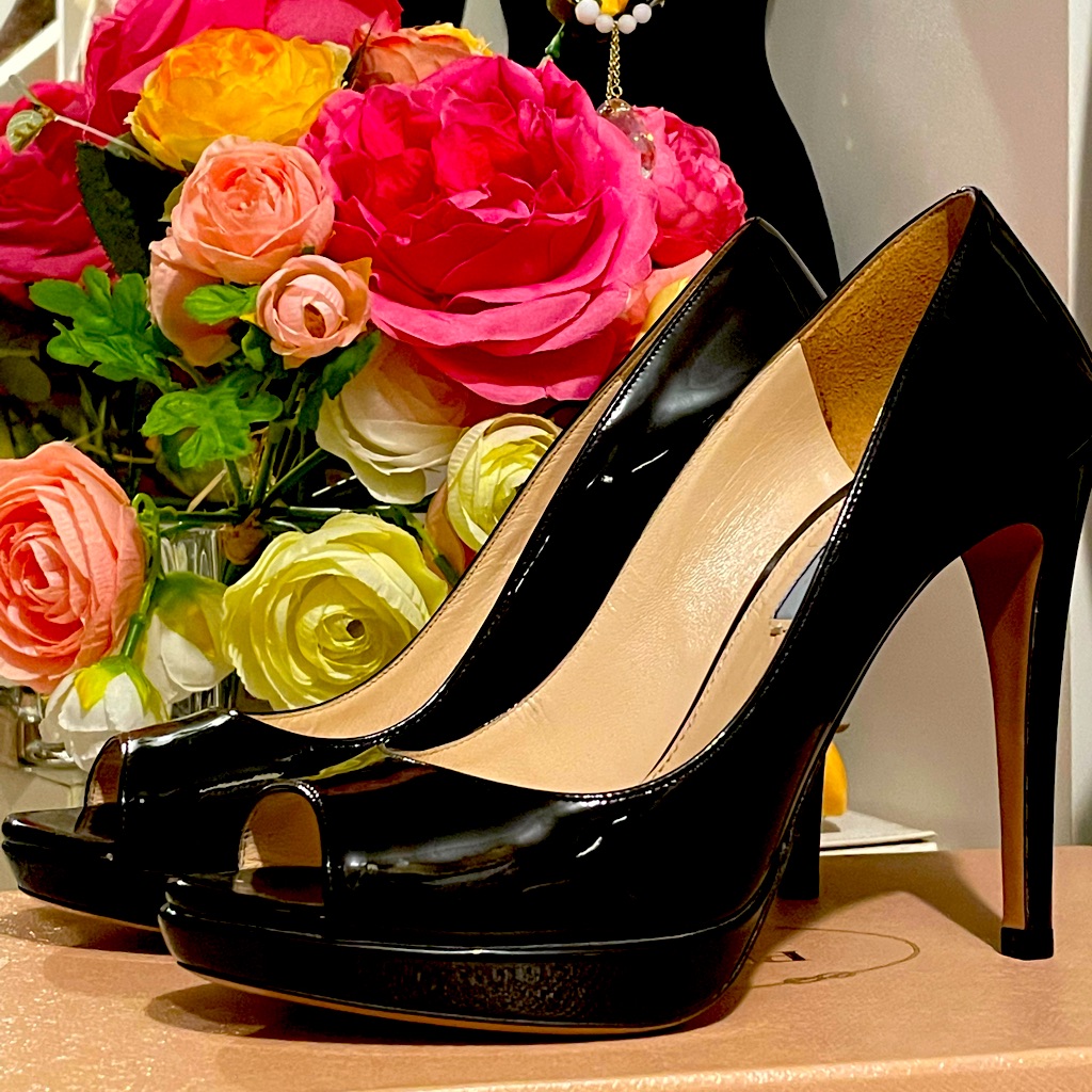 Prada Vernice Peep Toe Black